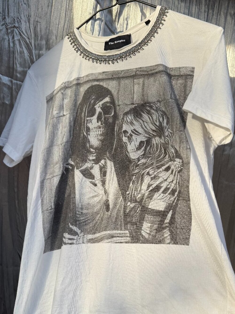 Kooples embellished thick white t-shirt with metal embellishments & skeletons